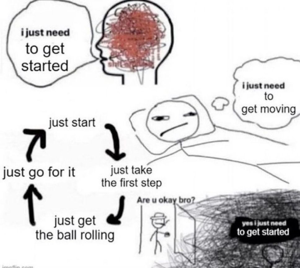 i just need to get started
just start
just go for it
just take the first step
Are u okay bro?
just get the ball rolling
i just need to get moving
yes i just need to get started