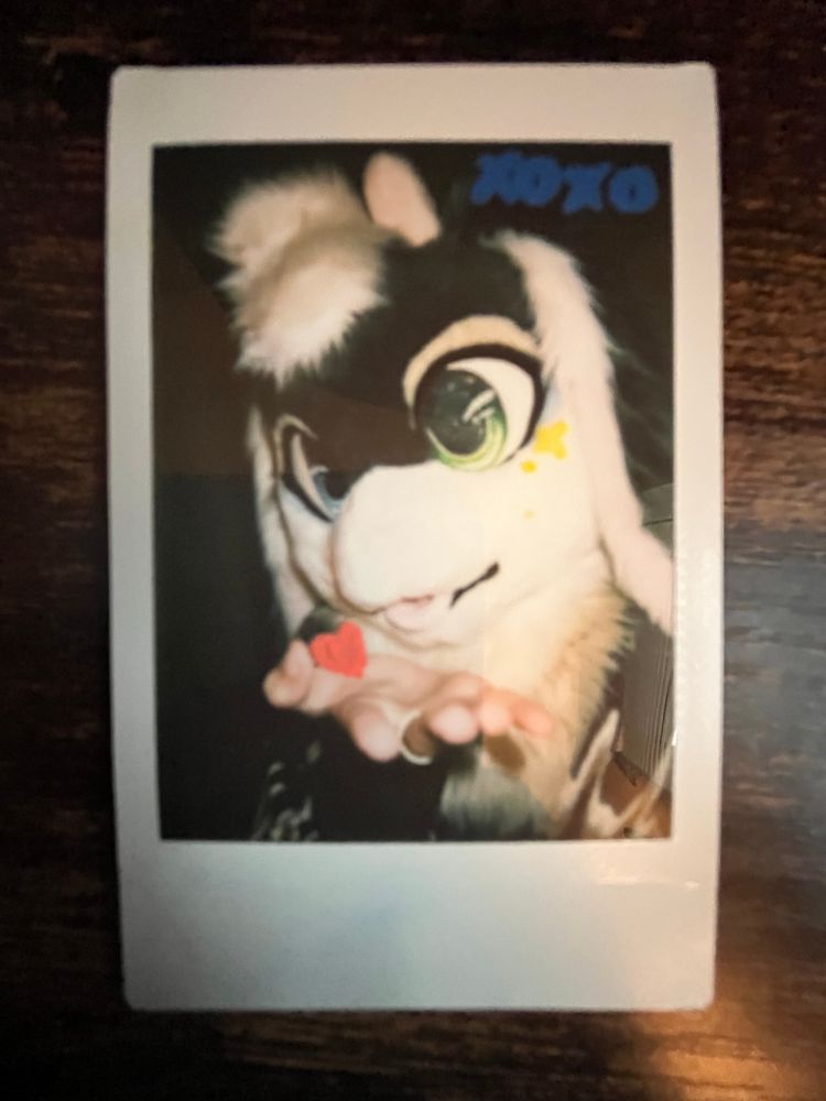 A mixed media Polaroid of my fursuit head character Fae 