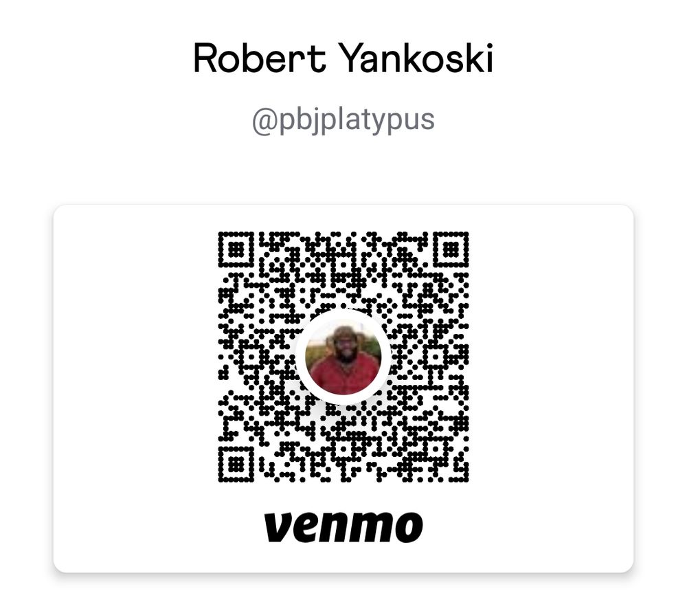A QR code to my Venmo account, @pbjplatypus