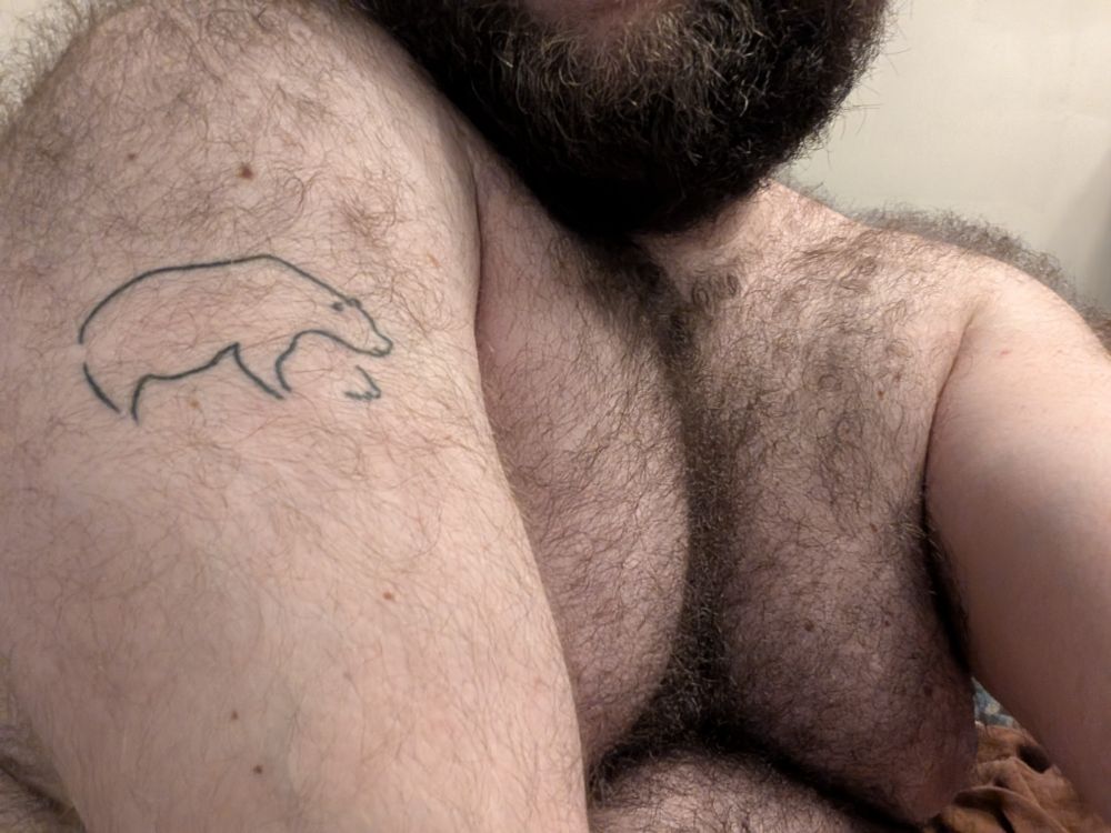 A tattoo of the Chauvet cave bear on a fat, hairy person with a beard