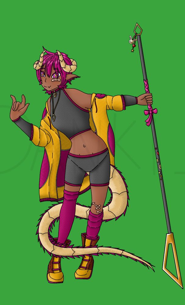 A girl with pink hair and a set of horns curved on her head. She has pointy ears and a long spikey tail. She wears a jacket wich is yellow with magenta accents. It hangs loosely from her shoulders. Under that she wears a open backed top, simple shorts, and arm socks, all are grey with magenta accents. She also wears a pair of magenta high socks, one sits below her knee while the other is pulled up over the knee. In her left hand she holds a glaive with a gold blade, on its hilt is a magenta ribbon and several stickers and charms. And she holds up her right hand in a playful gesture.