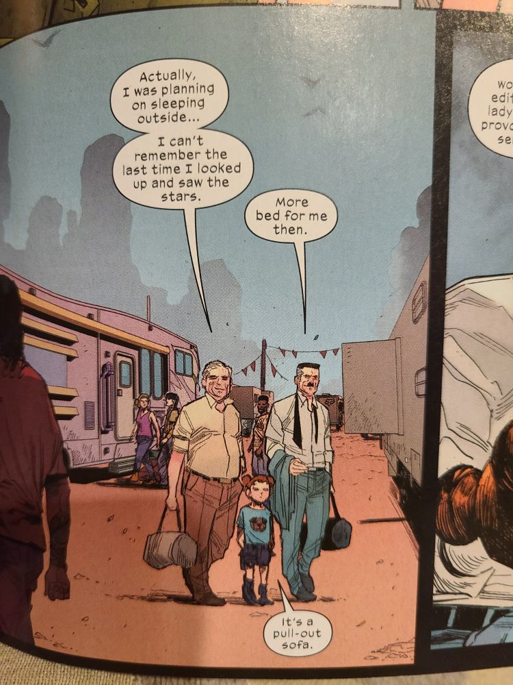 A panel of a comic book depicting a trailer park in the desert. 

Uncle Ben says: "Actually, I was planning on sleeping outside... I can't remember the last time I looked up and saw the stars."

J. Jonah Jameson says: "More bed for me then."

May Parker says: "It's a pull-out sofa."