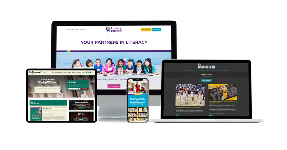 A desktop, tablet, mobile phone, and laptop all open with different examples of colorful websites designed and maintained by kaleidaweb.