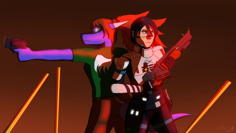 Zellox and Elster from signalis back to back bathed in red light. Holding guns smoking from being recently fired. Elster is ejecting a shell from her shotgun while wearing her armor and Zellox is pointing a revolver off screen, eyes glowing with power. The sky is red and golden spears are sticking out of the ground.