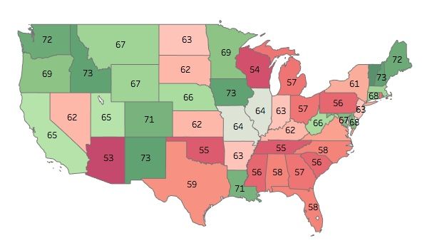 A map of America with voting integrity scores printed onto each state showing a clear trend that republican controlled states score very low compared to democrat controlled ones.