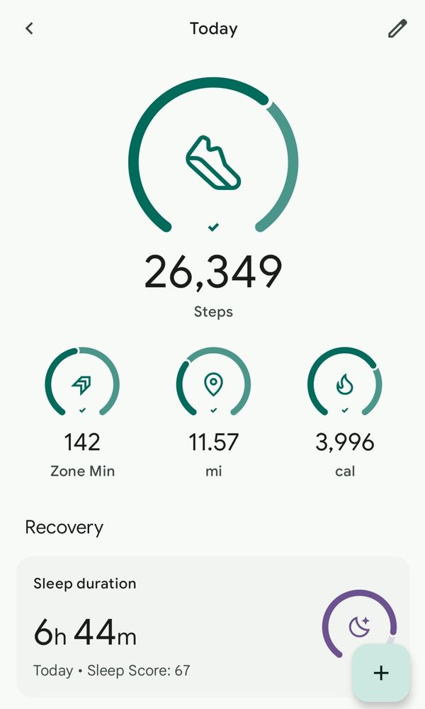 26,349 steps. 11.57 miles. 3,996 calories burned. 6 hours and 44 minutes of sleep.