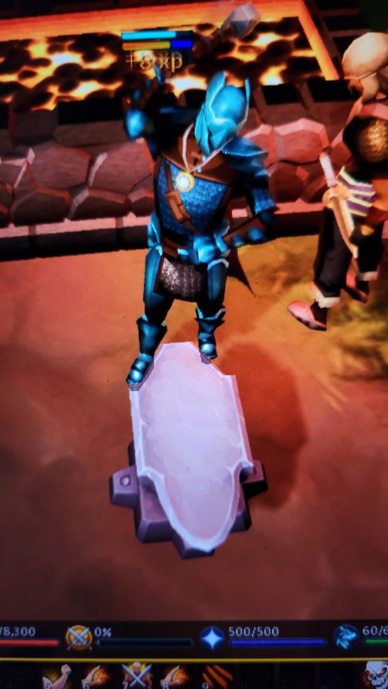 Character in runescape wearing full rune armor, hammering on an anvil. 