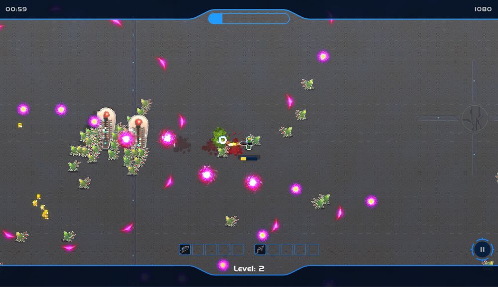 Gameplay from Spartan Survivors showing a top down view with the main character at the center of the screen fighting several smaller enemies and two bosses moving toward the playable characters.