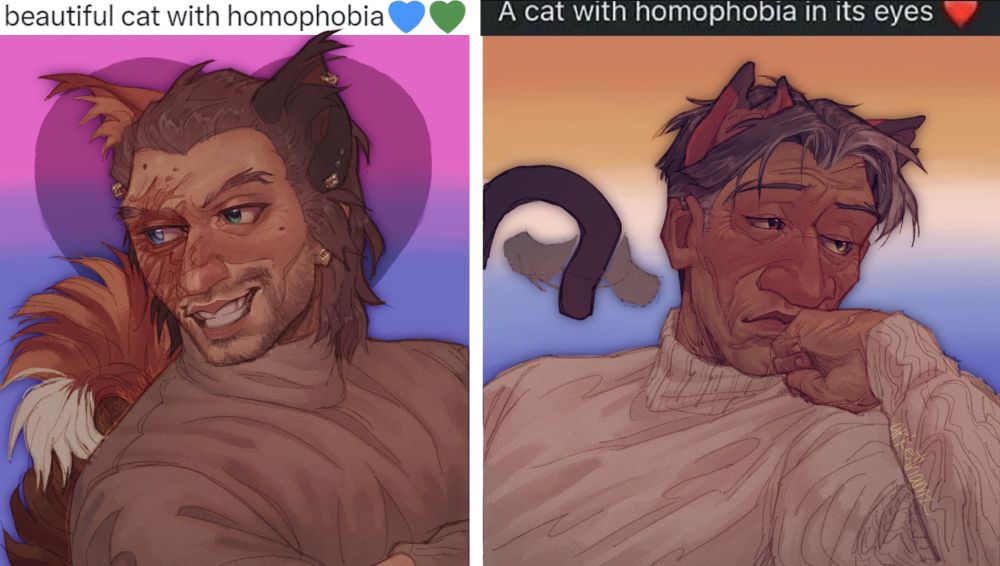 captions read left to right: "beautiful cat with homophobia 💙💚" and "a cat with homophobia in its eyes ❤️"

drawings of Luciano DiCenzo with cat ears and a fluffy tail in front of a biromantic flag(left), and Santino DiCenzo with cat ears and a thin, twitching tail in front of an aromantic-asexual flag(right).