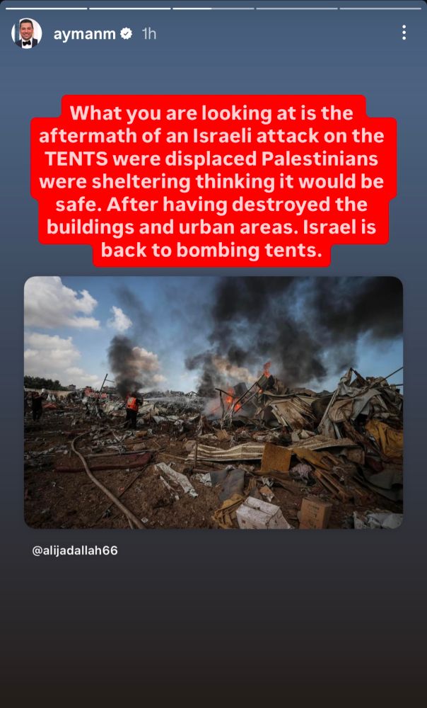 An image of refugee tents that have been bombed. The tents are destroyed, some are still on fire.
There is a caption which reads: what you are looking at is the aftermath of an Israeli attack on TENTS where displaced Palestinians were sheltering, thinking it would be safe. After having destroyed buildings and Urban areas, Israel is back to destroying tents.
