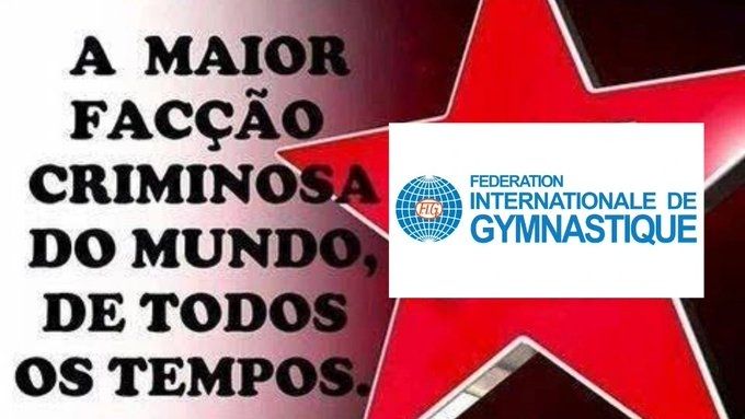 Estrela vermelha com o símbolo da federação internacional de ginástica. Do lado um texto "A maior organização criminosa do mundo, de todos os tempos".