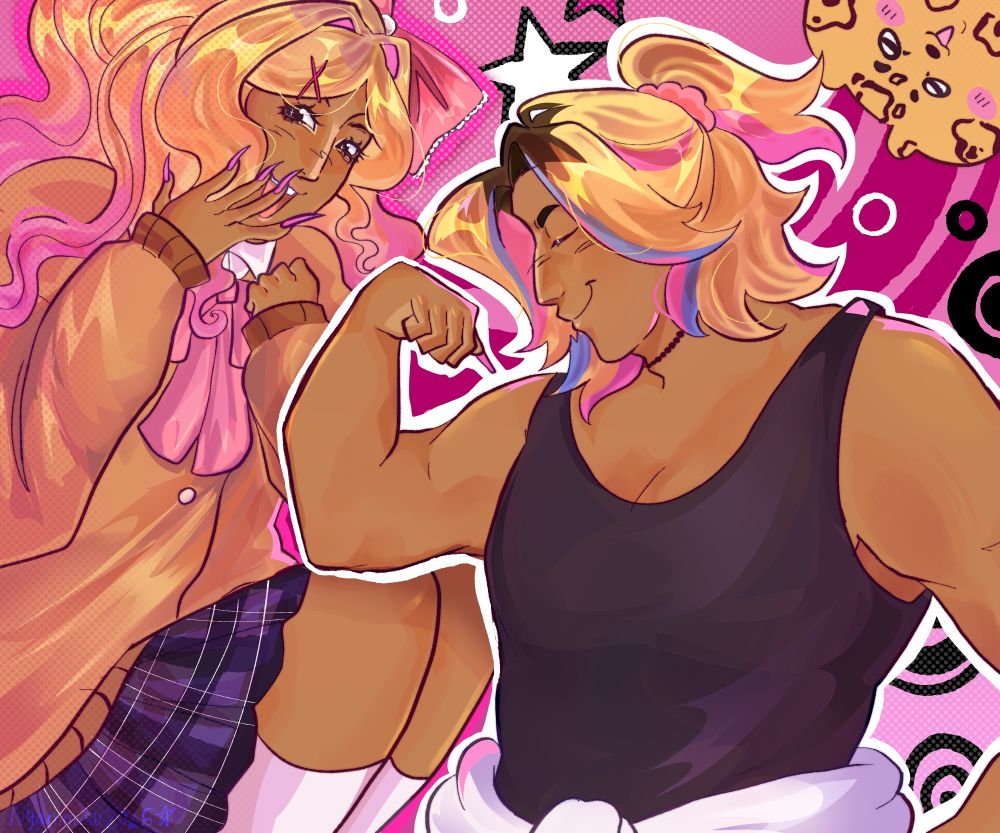 illustration of my gyaruo oc kiyoshi. on the left is his fem design, wearing a biege cardigan with a pink ribbon, a plaid skirt, and a long blonde wig with pink tips. this outfit is inspired by a lot of outfits kogal wear. on the right is his default design minus his leopard print jacket, with him wearing only the black tanktop he wears underneath. the jacket is tied around his waist. in the upper right corner is his chiikawa sona, a jaguar !! the background is pink and inspired by the 2000s. 