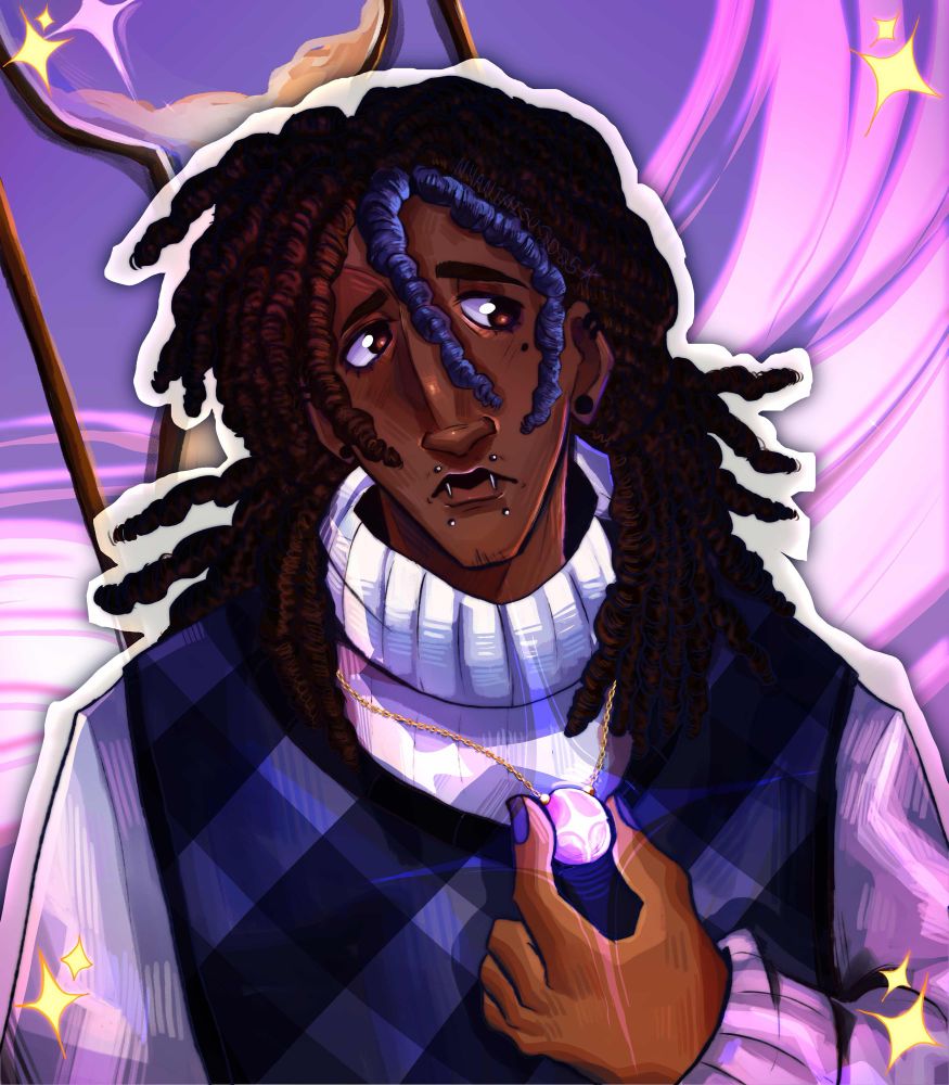 Art of my oc Genesis holding his necklace.