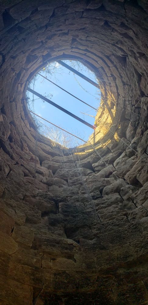 View from one of the air stacks of the Fitchburg Furnace. The sky is blue trough the top and there are dormant vines coming down. 