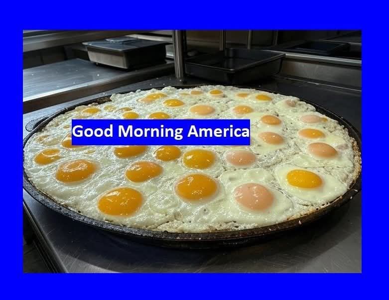 Große tellerartige Auflaufform im Backofen, bedeckt mit Spiegeleiern. Quer drüber steht "Good Morning America". 