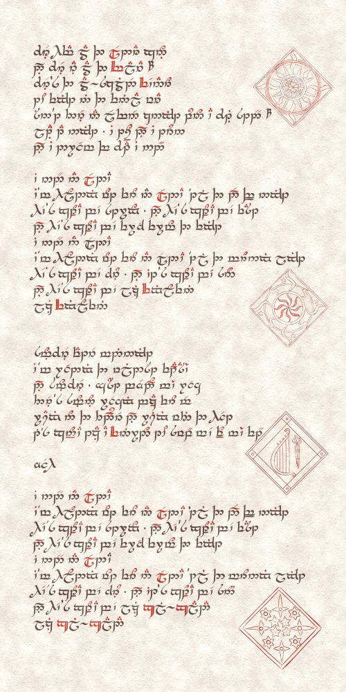 Text in Tolkiens Tengwar Script with the Lyrics to an alterated Version of Holding out for a Hero by Bonny Tyler, accompanied by the Heraldic Emblems of the 4 mentioned Elves, Fëanor Fingolfin Finrod and Gil-Galad.


Text in English:  Where have all the Eldar gone
And where are all the Valar?
Where's the allskilled Fëanor
To fight in the final war
Isn't there an elven knight upon a white steed?
Late at night, I toss and I turn
And I dream of what I need

I need an Elda 
I'm holding out for an Elda 'til the end of the night
He's gotta be strong, and he's gotta be fast
And he's gotta be fresh from the fight
I need an Elda
I'm holding out for an Elda 'til the morning light
He's gotta be sure, and it's gotta be soon
And he's gotta be like Fingolfin
Like Fingolfin

Somewhere after midnight
I'm reading the wildest fantasy
And somewhere, just beyond my reach
There's someone reaching back for me
Racing on the thunder
And rising with the heat
It's gonna take a Finrod to sweep me off my feet,

 yeah

I need an Elda 
I'm holding out for an Elda 'til the end of the night
He's gotta be strong, and he's gotta be fast
And he's gotta be fresh from the fight
I need an Elda 
I'm holding out for a Elda 'til the morning light
He's gotta be sure, and it's gotta be soon
And he's gotta be like Gil-Galad
like Gil-Galad