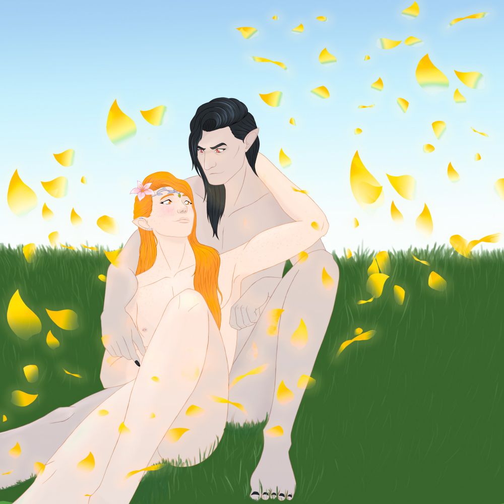 Mairon aka Sauron and Melkor aka Morgoth the first Dark Lord of Arda enjoying a peaceful and romantic illusion of a perfect life, while hugging eachother nude on a plain of grass with golden patals swirling in the wind 