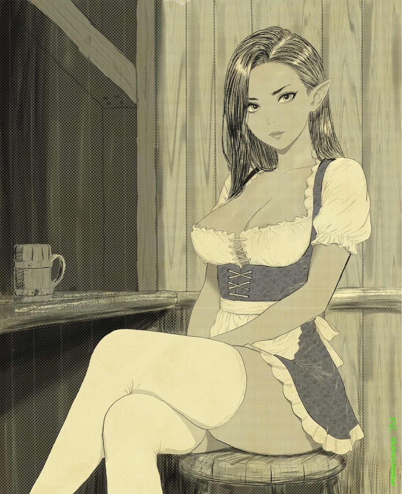An elf woman who works in a busy tavern takes a short break while observing the patrons.