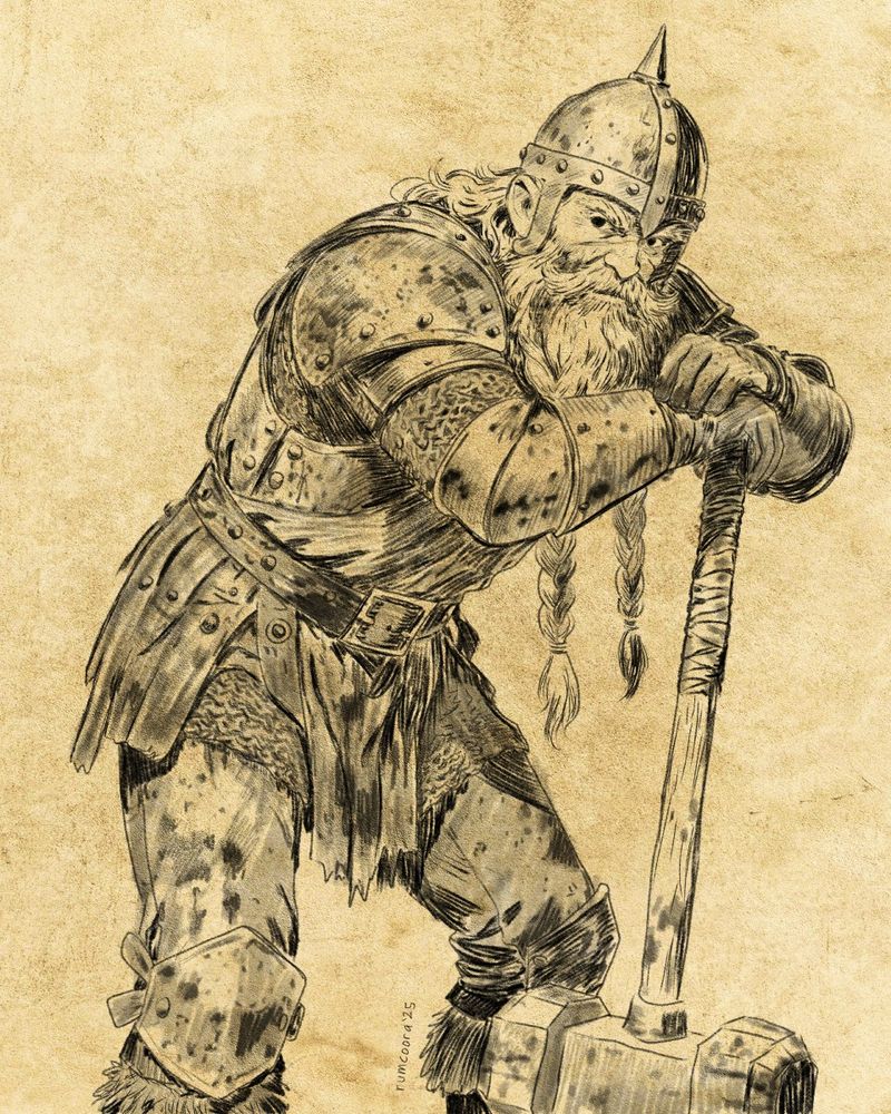 a digital pencil drawing of a tired and battered Dwarven warrior after a long and grueling quest.