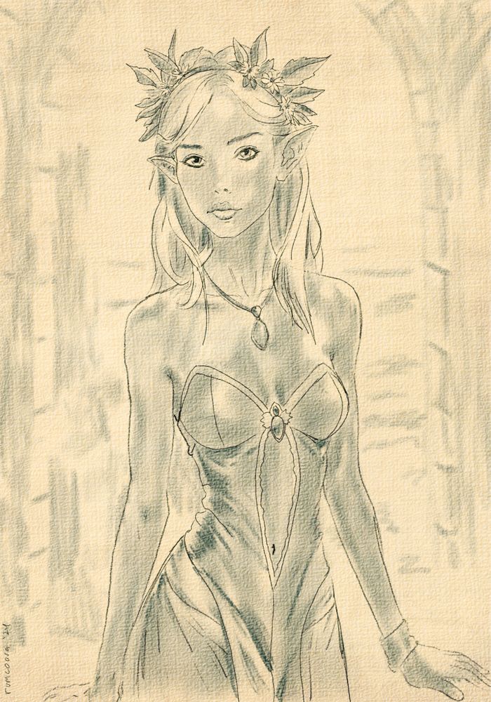 A rough pencil sketch of an elegant elven woman framed by a castle window