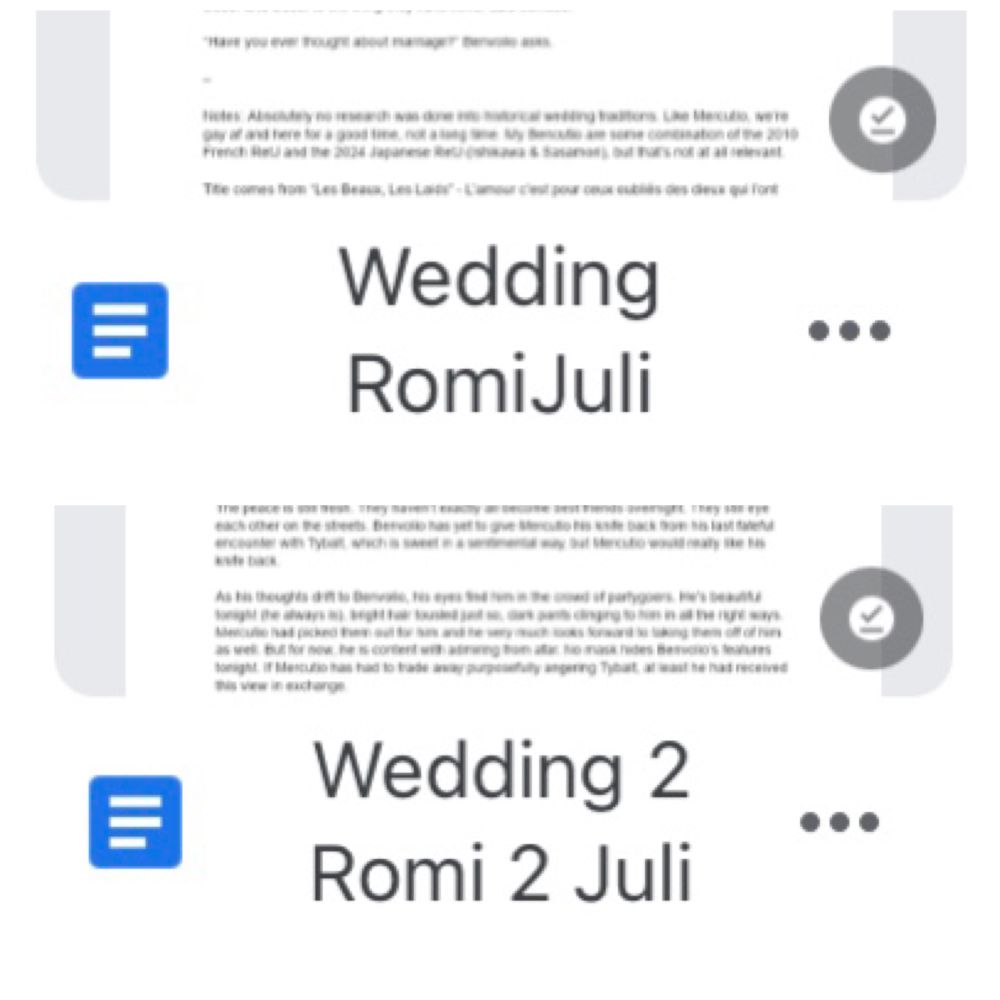 Two screenshots of Google Doc icons, one on top of the other. The top one shows the title "Wedding RomiJuli." The bottom one shows the title "Wedding 2 Romi 2 Juli."