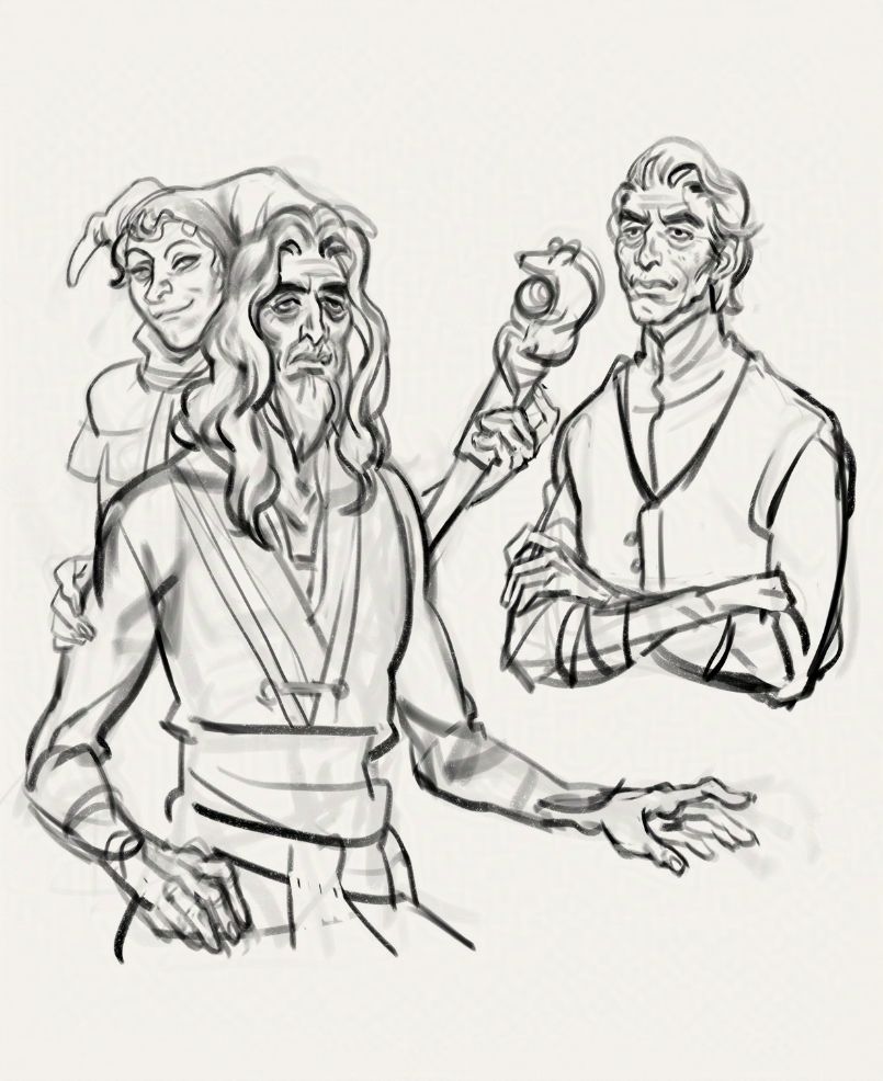 The fool peeking out behind king shrewd with his rat scepter. King shrewd looks aged and thin with long wavy hair and a beard. Chade stands with his arms folded with short hair and a pock marked face.  
