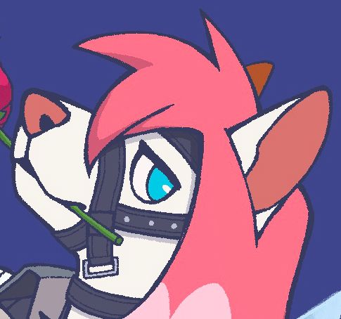 a headshot of an ibizan hound girl with long, pink hair and a rose in her mouth. There are belt-like constraints around her face.