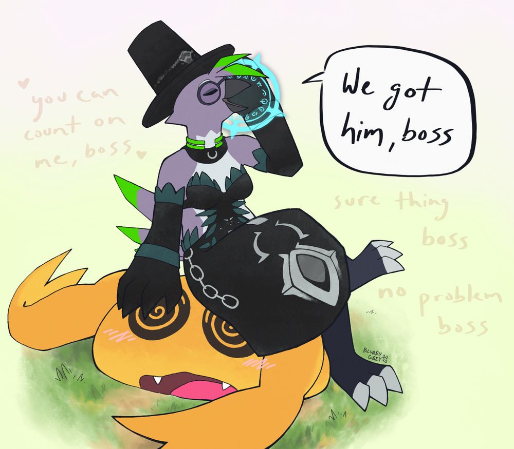 Sunnybunny sits on a defeated Biggun while reporting to her boss. There are several quotes from the Goon Meme around her:

we got him, boss
you can count on me, boss
sure thing boss
no problem boss