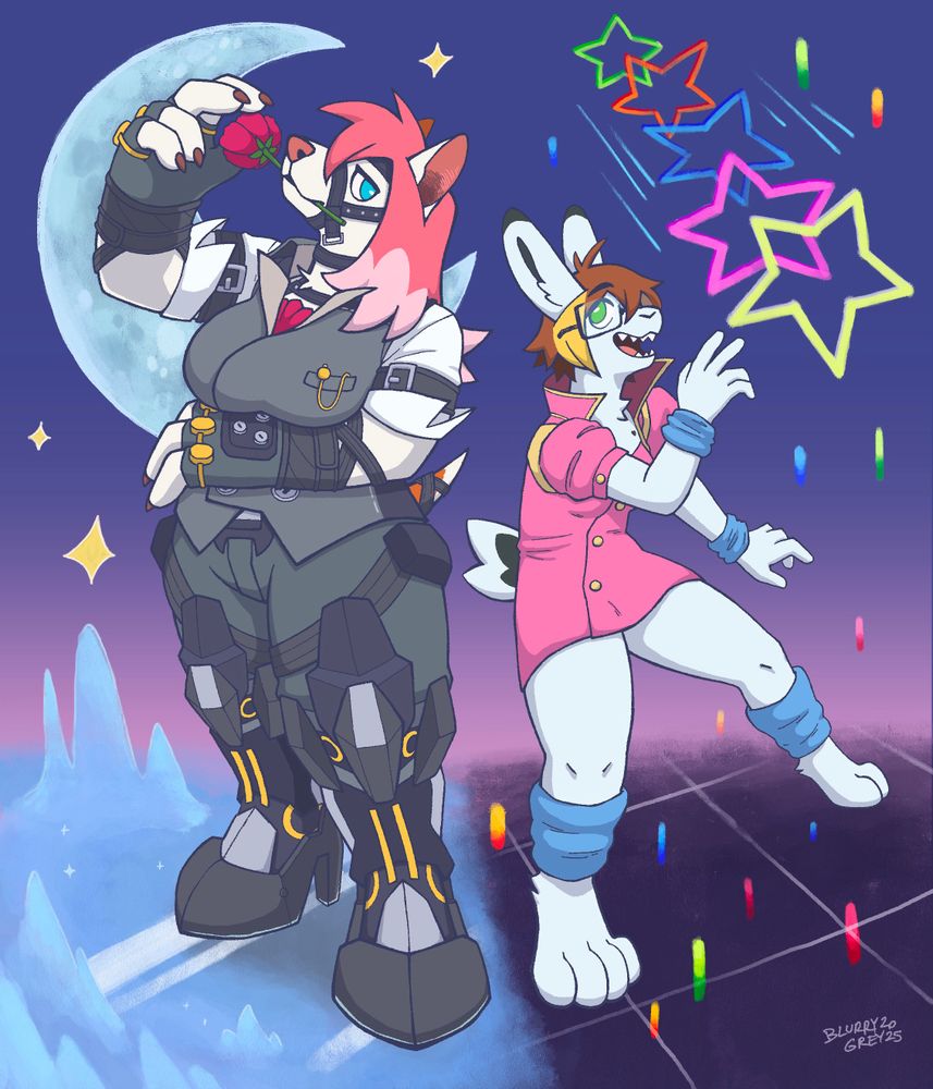 an ibizan hound and an arctic hare are posing next to each other. They are cosplaying as video game characters. 
On the left, the ibizan hound is wearing a butler outfit with belt-constraints around her face and arms. Her legs are mechanical legs and there is a rose in her mouth. The floor under her is frozen with icicles protruding around her. The background behind her has a crescent moon and yellow sparkles.
On the right, the arctic hare is wearing a pink and yellow nurse outfit with sky blue ankle and wrist warmers. She is standing on a grid-like floor with multi-colored bullets of energy rising upward around her. There is a multi-colored string of stars to the top-right of her.