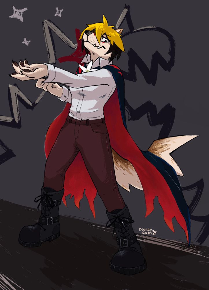 an anthro jindo dog wearing a red, dark blue cape adjusts one of her cuffs while judging the viewer. There is a roaring werewolf design in the background.