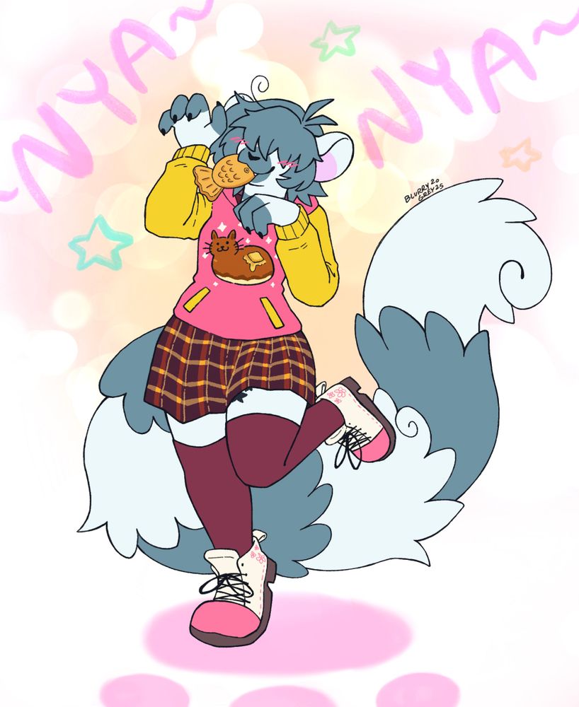 A ringtailed lemur strikes a catgirl pose, standing on top of a pawpad shadow. There is a taiyaki in her mouth. She is wearing a hoodie with a plaid skirt, thigh-high leggings, and shoes with small flowers at the heel. There is a cat illustration on the hoodie. The cat is colored like a pancake and there is a square of butter on its back. There is bokeh, stars, and ~nya~ text in the background.