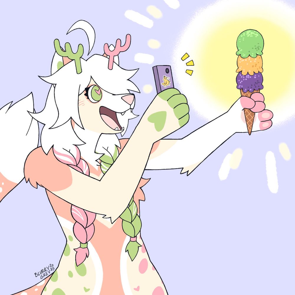 a foxdeer is taking a picture of their ice cream cone, their face filled with love and excitement. The ice cream cone is a triple scoop of avocado, mango, and ube.