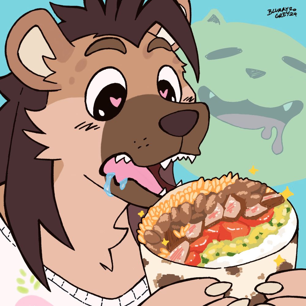 A hyena gal looks hungrily at the big steak burrito in her hands. There is drool coming from the corner of her mouth. The burrito has layers of sour cream, guacamole, tomatoes, steak, beans, and rice. The background has a cat emote with a happy, drooling face.