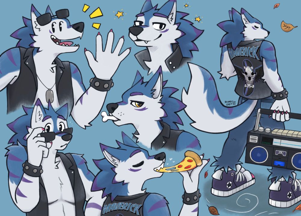 An assortment of portraits of an anthropomorphic wolf with blue, light grey, and purple fur. He wears black sunglasses, armbands, a sleeveless leather jacket, blue jeans, and purple and white pawshoes that look like Converse shoes.

Top left: the wolf has an open mouth smile while giving a greeting gesture with their left hand held up, sunglasses atop their head. Their eyes are simple and cartoony.

Bottom left: the wolf brings his sunglasses down from his eyes with their right hand and looks at the viewer as if noticing them. His chest is quite visible from the open leather jacket.

Top middle: a headshot of the wolf giving a slight smile and looking toward the viewer. There are 3 little stars around him.

Middle: a headshot of the wolf with a bone in his mouth. He has a neutral gaze.

Bottom Middle: the wolf, with his eyes closed, munches on a pizza that stretches between his mouth and hand. There are little hearts above the stretch of cheese and a sense of enjoyment on his face.

Right side: the wolf stands with his back three-quarters towards the viewer. He is holding a boombox in his right hand; he is in deep thought. Autumn-colored leaves are blowing around him.