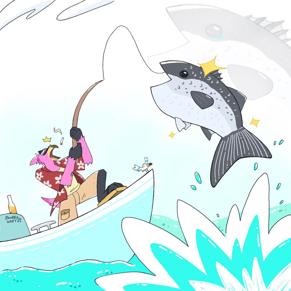 an anthro flamingo on a boat catches a sea bass. His mouth is open in shock, cigarette flying out of his beak. The sea bass is in the air at the end of the fishing rod. There are sparkles around the fish. Behind it is a very light, larger copy of the fish's face with a tear in its eye, showing it's inner despair.