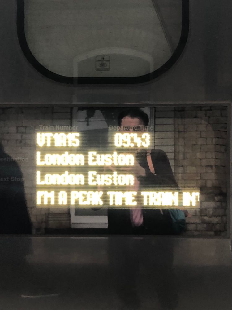 Photo of Avanti Pendalino carriage door illuminated information display showing the following information:
VT1A15 09:43 London Euston - I'm a peak time train