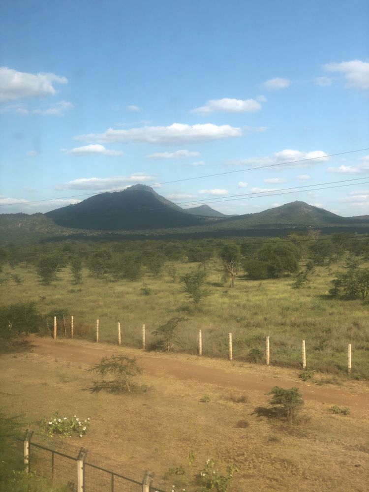 View from window of the Kenyan plain with animal fences in foreground and hills in the background. The sky is blue and there are little fluffy clouds in the sky