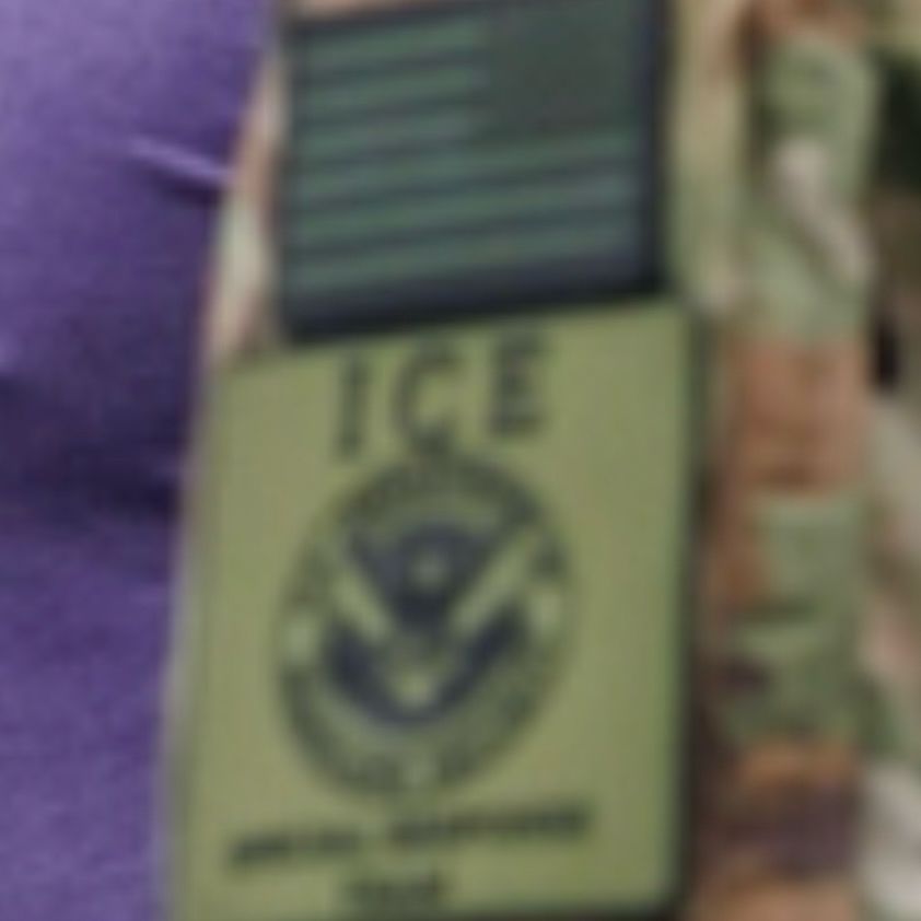 A zoomed in photo of a badge that says ICE