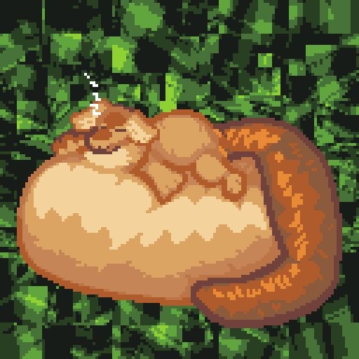 pixel art of a noodle creature named Udon; he's beached on his big round tummy and snoring contentedly