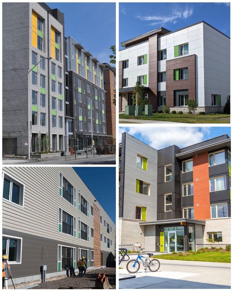 A collage of four multi-story apartment buildings. 