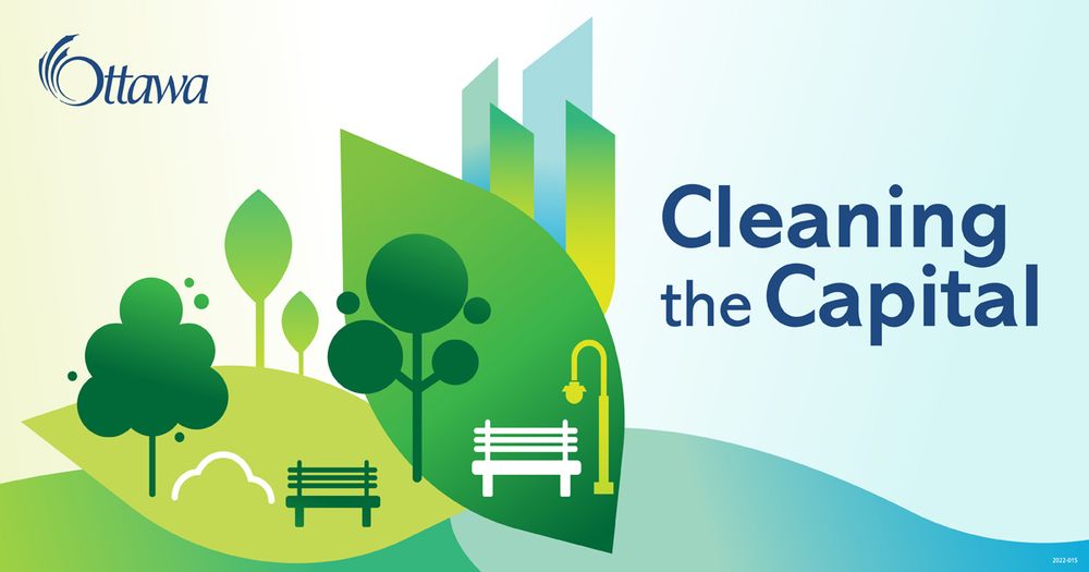 A graphic with various shades of green and yellow with pictograms of trees, benches and a street lamp in the foreground. Dark blue text reads "Cleaning the Capital."
