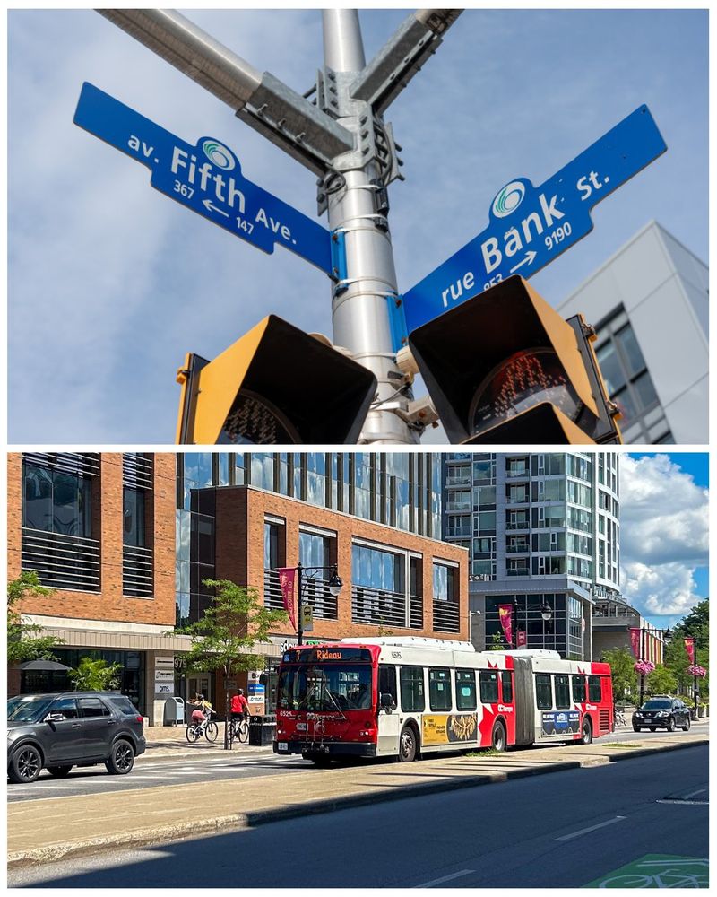Collage of a street sign for Bank Street and Fifth Avenue and a bus on bank street.