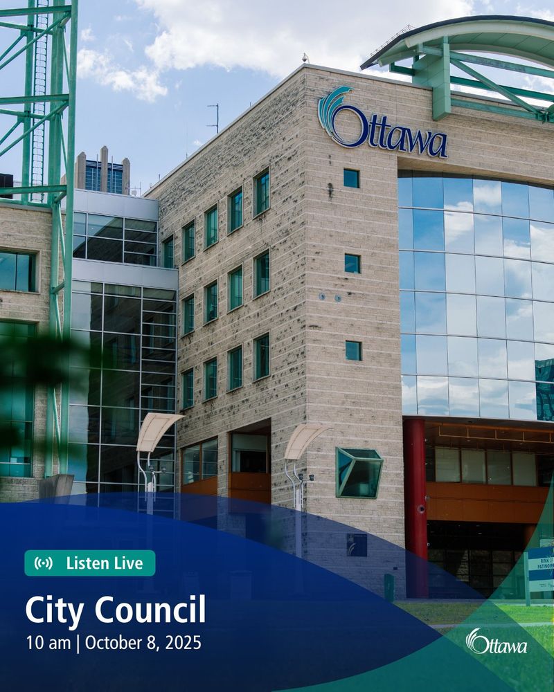In the background photo: City of Ottawa Hall. Overlayed is a blue text circle with Listen Live on the top right corner.
In white text: "City Council, 10 am, October 8, 2025" 