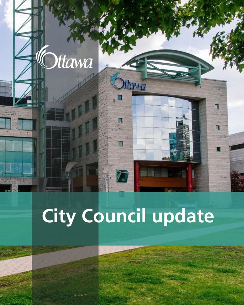 A graphic with Ottawa City Hall is in the background. A vertical grey stripe and a horizontal turquoise stripe are in the foreground with " City Council update" in the centre.