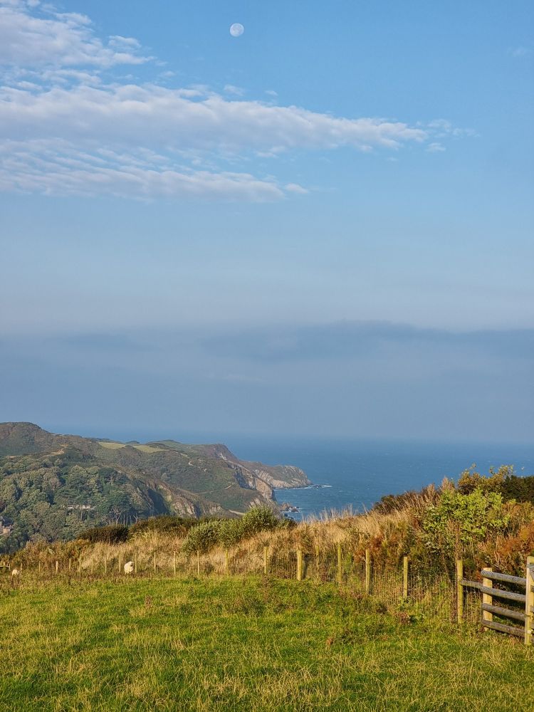 Blue sky and rolling hills with sea in the background. Photo taken from just off the South West coast path near Ilfracombe.