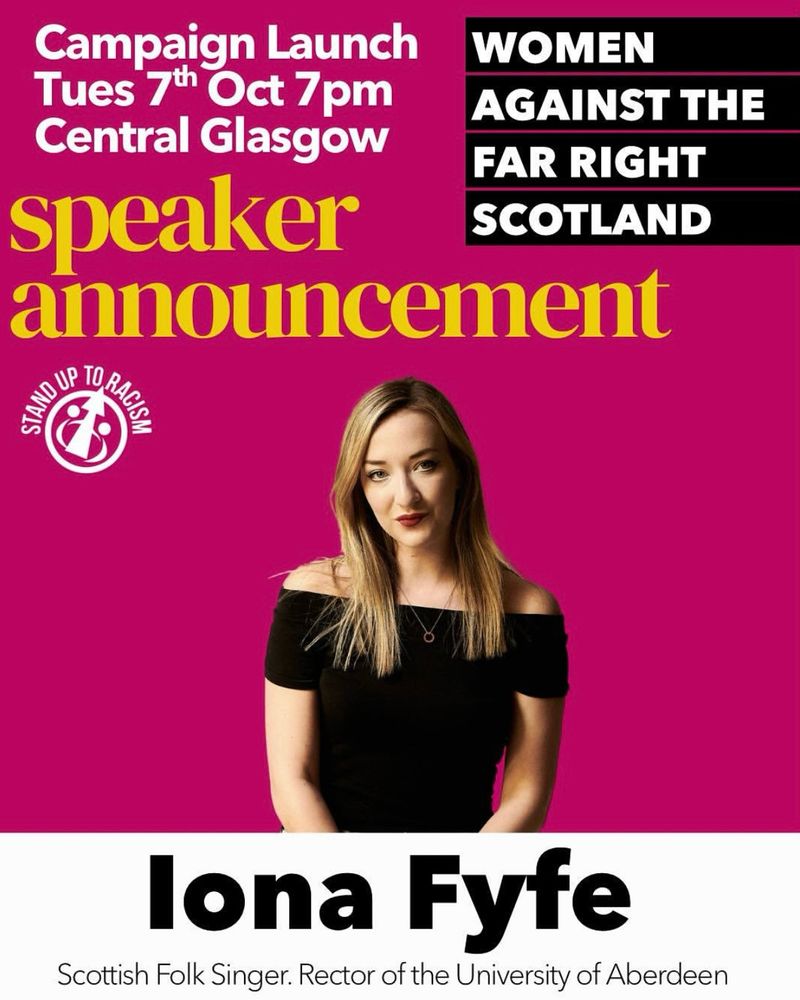 A speaker announcement infographic for a Women Against The Far Right event in Glasgow on 7th October 