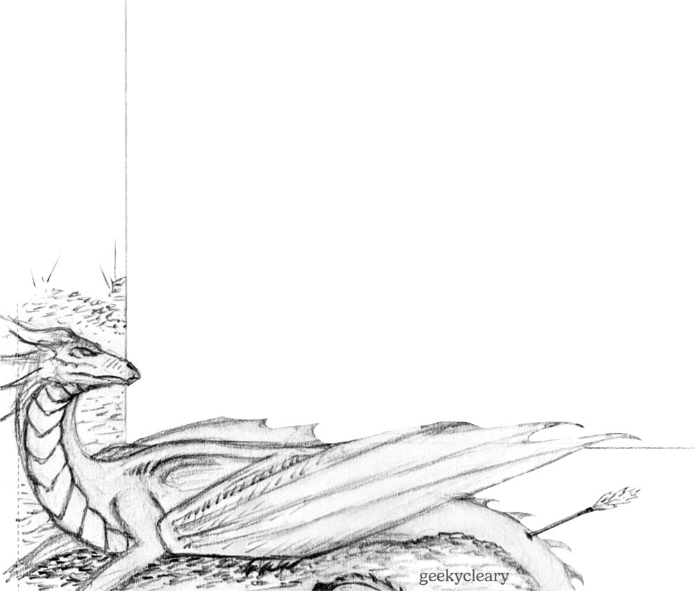 Pencil sketch of a dragon turning to see who shot the arrow in her tail. Bottom left corner page design.