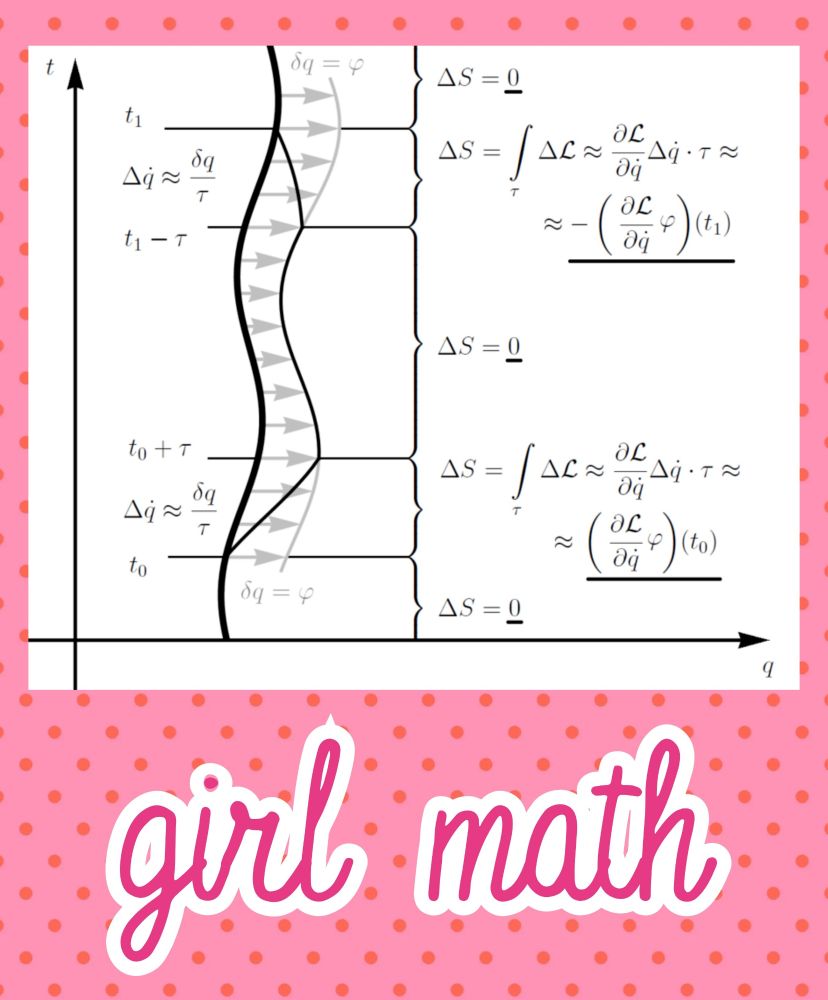 Image illustrating Noether's theorem on a pink background, text reads "girl math"