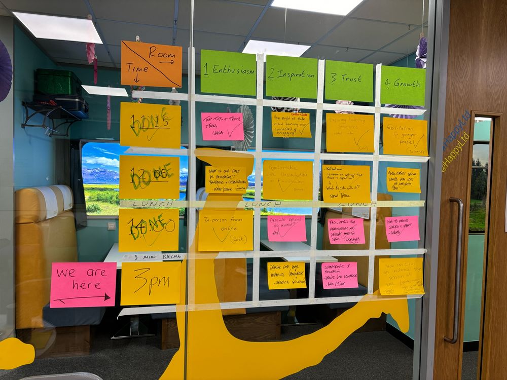 Image of an internal glass wall with a grid of post it notes 