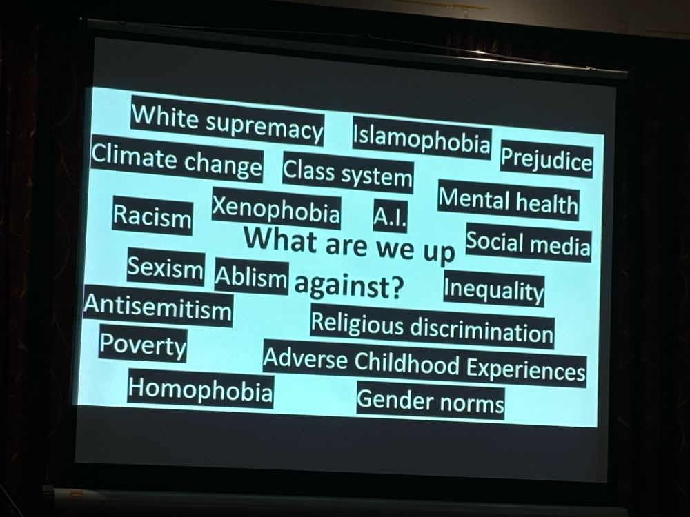 An image of a presentation slide. It asks what are we up against? There are words around the question including inequality, A.I., climate change, sexism, ableism, White supremacy, prejudice, homophobia, poverty